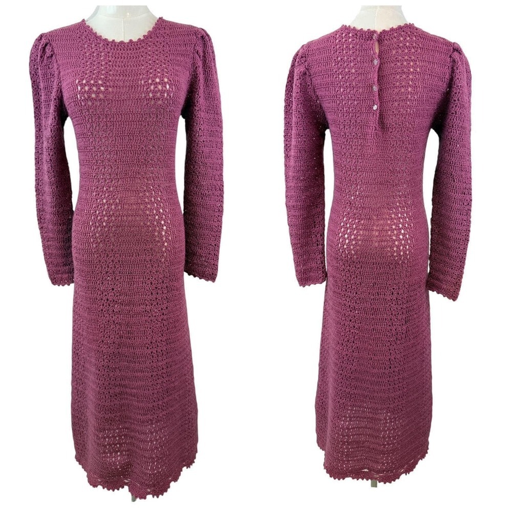 Cottagecore Vintage Handmade Crochet Maxi Dress Long Sleeve Sheer